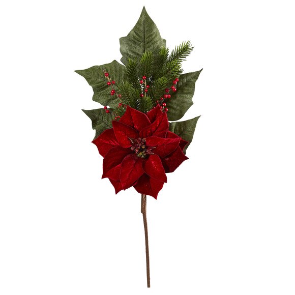 31 Poinsettia Berries and Pine Artificial Flower Bundle Set of 3 - SKU #2367-S3-RD