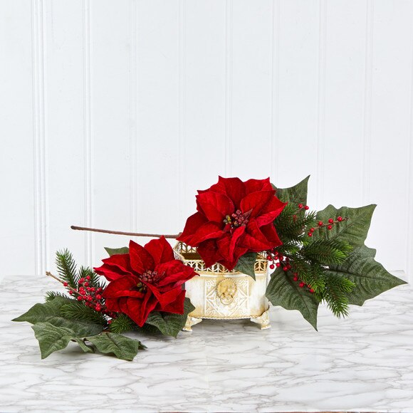 31 Poinsettia Berries and Pine Artificial Flower Bundle Set of 3 - SKU #2367-S3-RD - 2