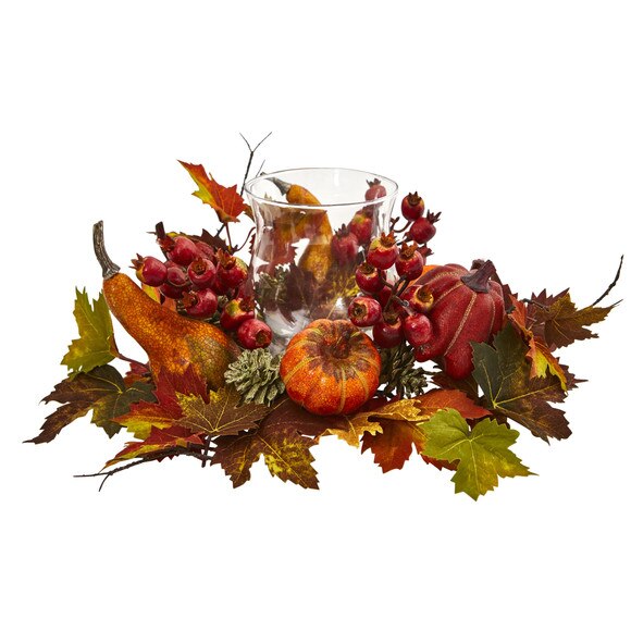 Pumpkin Gourd Berry and Maple Leaf Artificial Arrangement Candelabrum - SKU #4155