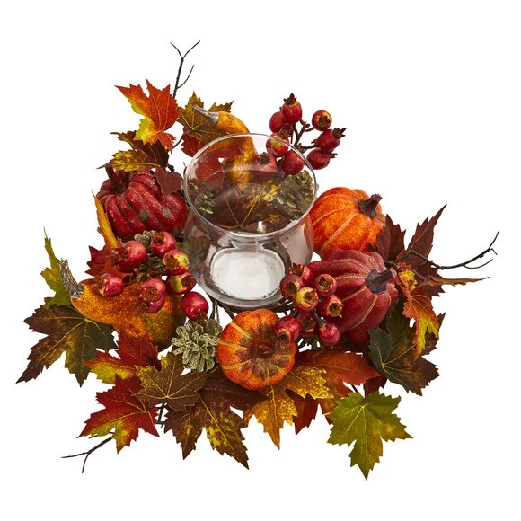 Pumpkin Gourd Berry and Maple Leaf Artificial Arrangement Candelabrum - SKU #4155 - 1