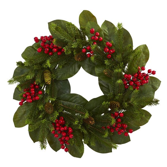 24 Magnolia Leaf Berry and Pine Artificial Wreath - SKU #4264