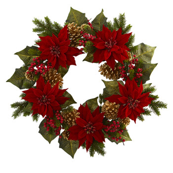 24 Poinsettia Berry and Golden Pine Cone Artificial Wreath - SKU #4269
