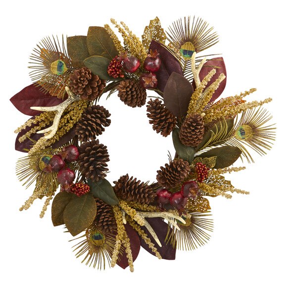 27 Magnolia Leaf Berry Antler and Peacock Feather Artificial Wreath - SKU #4276