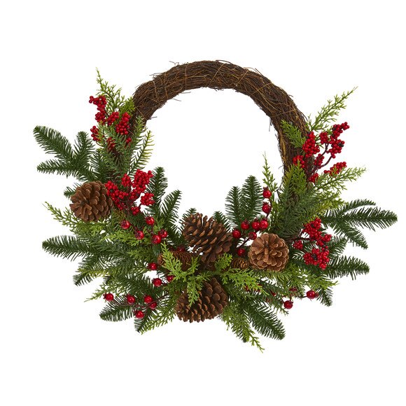 22 Mixed Pine and Cedar with Berries and Pine Cones Artificial Wreath - SKU #4360
