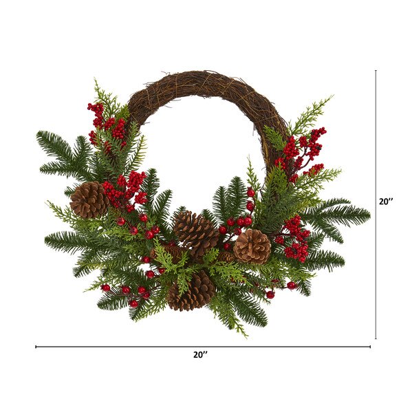 22 Mixed Pine and Cedar with Berries and Pine Cones Artificial Wreath - SKU #4360 - 1