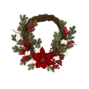 19 Poinsettia with Berries and Cotton Artificial Wreath - SKU #4361