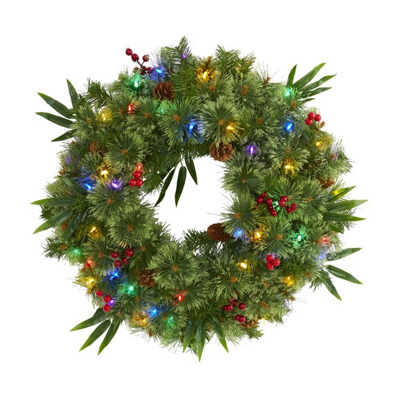 24 Mixed Pine Artificial Christmas Wreath with 50 Multicolored LED Lights Berries and Pine Cones - SKU #4454