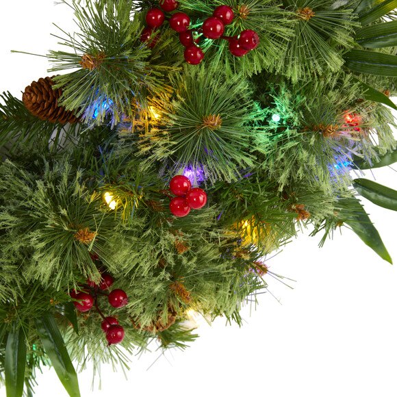 24 Mixed Pine Artificial Christmas Wreath with 50 Multicolored LED Lights Berries and Pine Cones - SKU #4454 - 2
