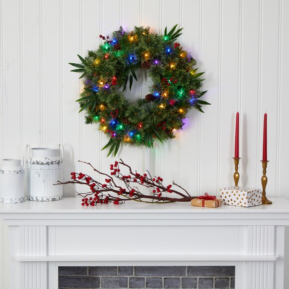 24 Mixed Pine Artificial Christmas Wreath with 50 Multicolored LED Lights Berries and Pine Cones - SKU #4454 - 3