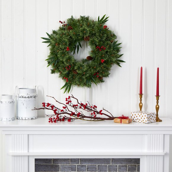 24 Mixed Pine Artificial Christmas Wreath with 50 Multicolored LED Lights Berries and Pine Cones - SKU #4454 - 4