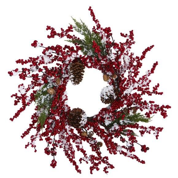 24 Frosted Cypress Artificial Wreath with Berries and Pine Cones - SKU #4481