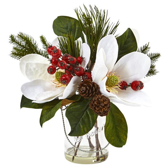 Magnolia Pine and Berry in Glass Vase - SKU #4548