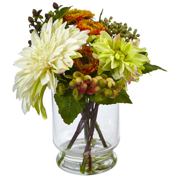 Mixed Dahlia and Mum with Glass Vase - SKU #4588