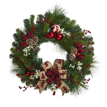 24 Christmas Pine Artificial Wreath with Pine Cones and Ornaments - SKU #4608