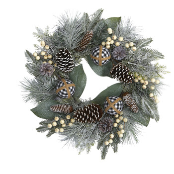 24 Snow Tipped Holiday Artificial Wreath with Berries Pine Cones and Ornaments - SKU #4609