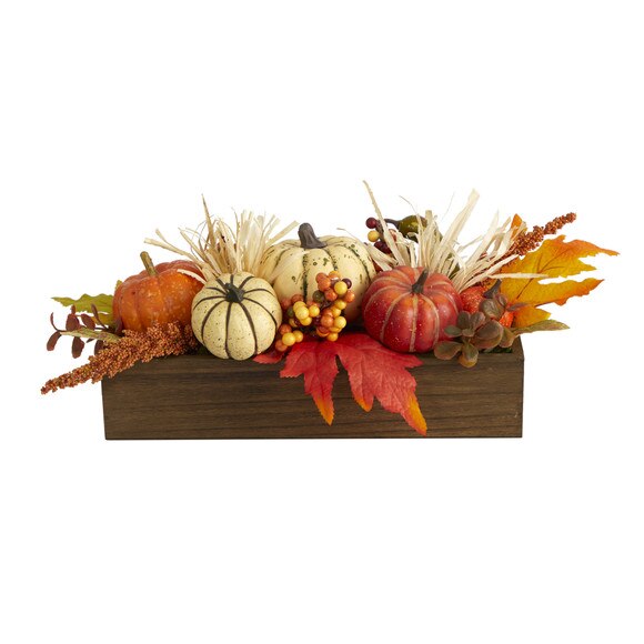 16 Harvest Pumpkin and Berries Artificial Arrangement in Wood Vase - SKU #4650