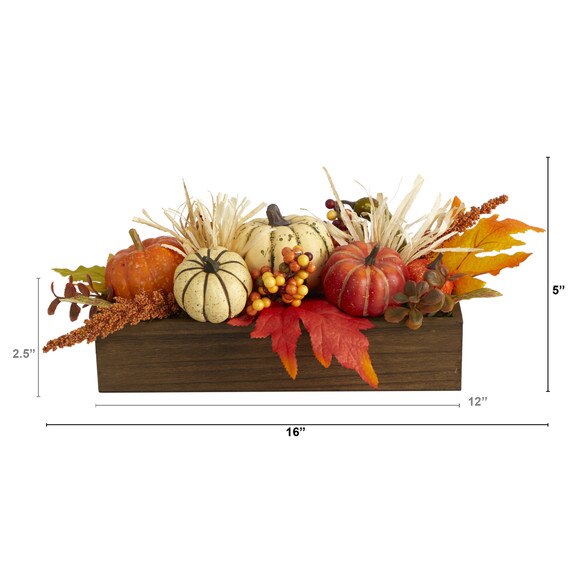 16 Harvest Pumpkin and Berries Artificial Arrangement in Wood Vase - SKU #4650 - 1