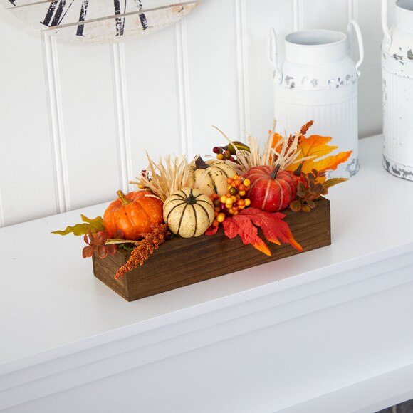 16 Harvest Pumpkin and Berries Artificial Arrangement in Wood Vase - SKU #4650 - 2