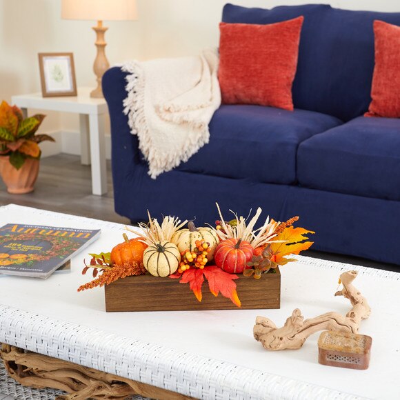 16 Harvest Pumpkin and Berries Artificial Arrangement in Wood Vase - SKU #4650 - 3