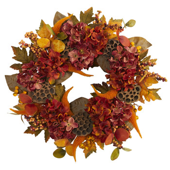 24 Fall Hydrangea Lotus and Berries Artificial Wreath - SKU #4653