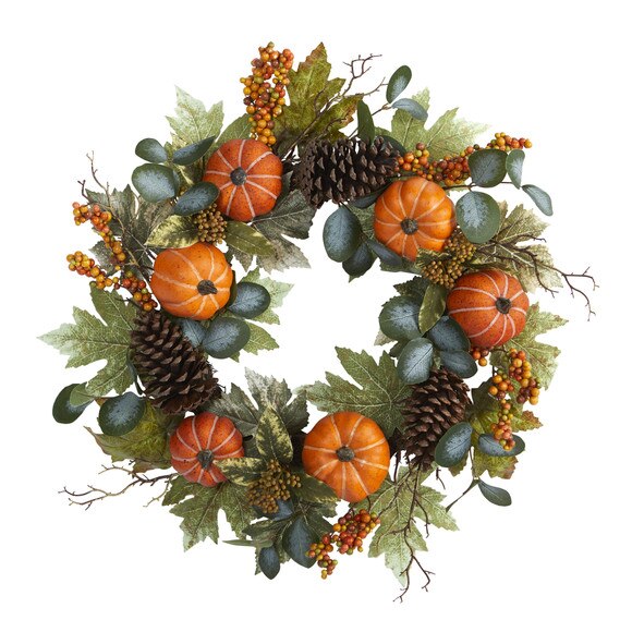 24 Pumpkins Pine Cones and Berries Fall Artificial Wreath - SKU #4701