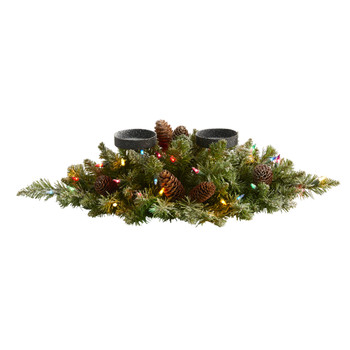 24 Flocked Artificial Christmas Double Candelabrum with 35 Multicolored Lights and Pine Cones - SKU #4767