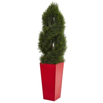 4.5 Double Pond Cypress Spiral Artificial Tree in Red Planter UV Resistant Indoor/Outdoor - SKU #5617