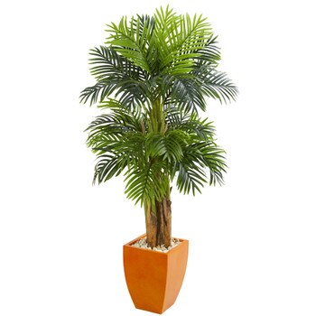 Triple Areca Palm Artificial Tree in Orange Planter - SKU #5669