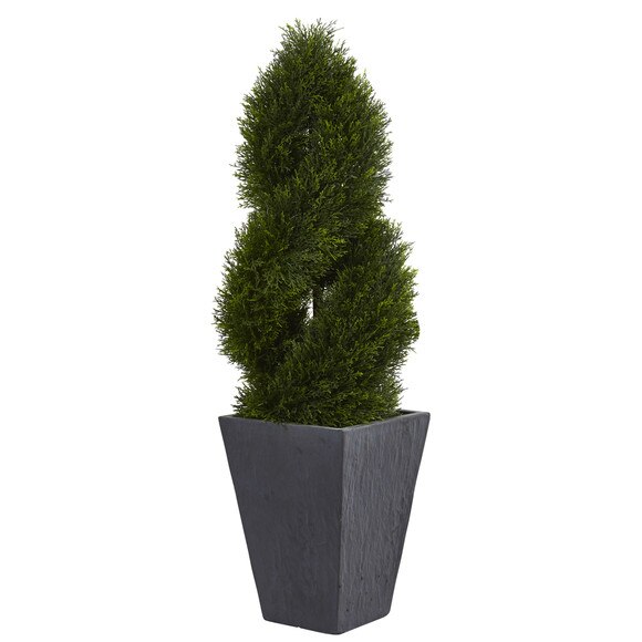 4 Cypress Double Spiral Topiary Artificial Tree in Slate Planter UV Resistant Indoor/Outdoor - SKU #5703