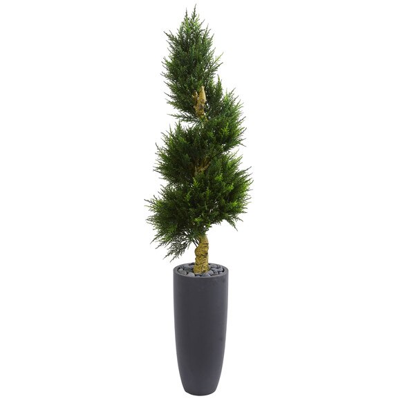 6 Spiral Cypress Artificial Tree in Cylinder Planter UV Resistant Indoor/Outdoor - SKU #5749