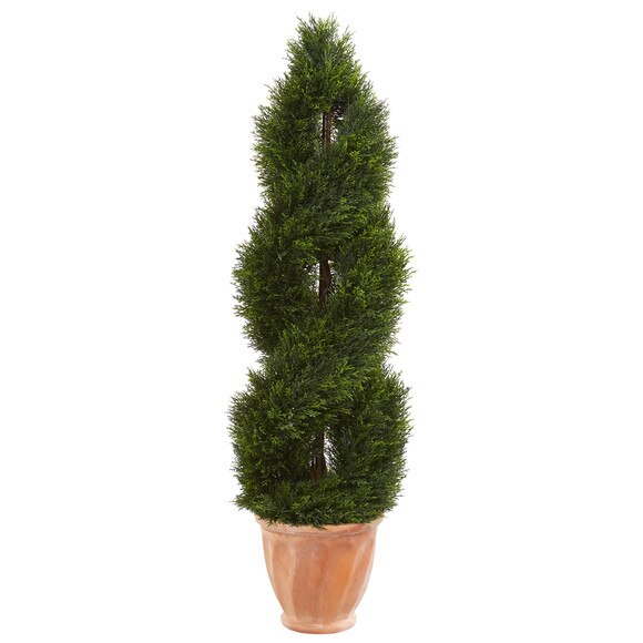 4.5 Double Cypress Topiary Artificial Tree in Terracotta Planter UV Resistant Indoor/Outdoor - SKU #5752
