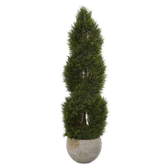 4 Double Pond Cypress Spiral Artificial Tree in Sand Colored Planter UV Resistant Indoor/Outdoor - SKU #5765