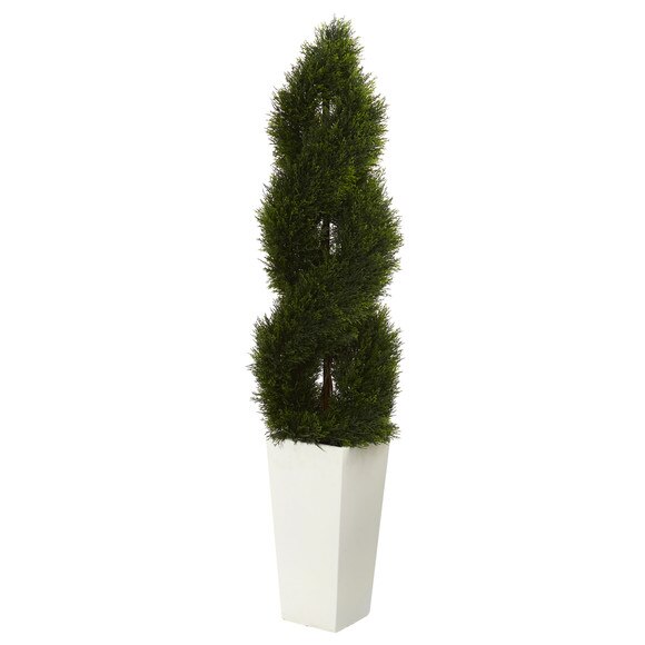 5.5 Double Cypress Spiral Topiary Artificial Tree in White Planter UV Resistant Indoor/Outdoor - SKU #5773