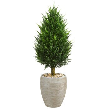 40 Cypress Cone Artificial Tree in Sand Colored Oval Planter UV Resistant Indoor/Outdoor - SKU #5893