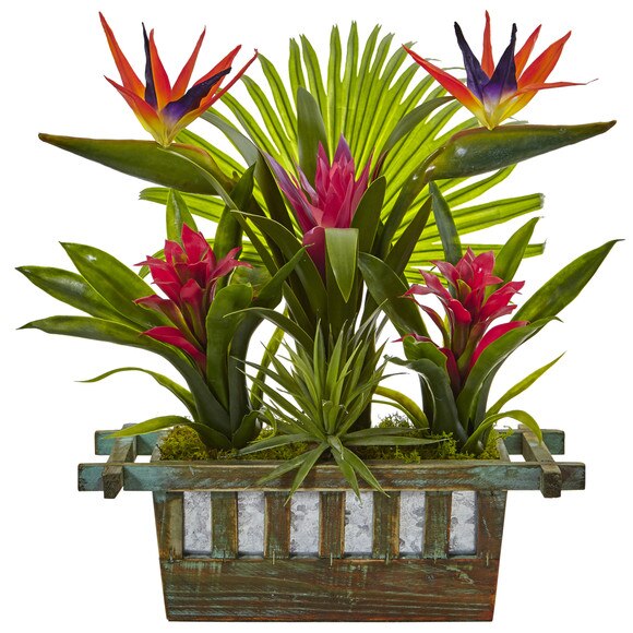 Birds of Paradise and Bromeliad in Planter - SKU #6306
