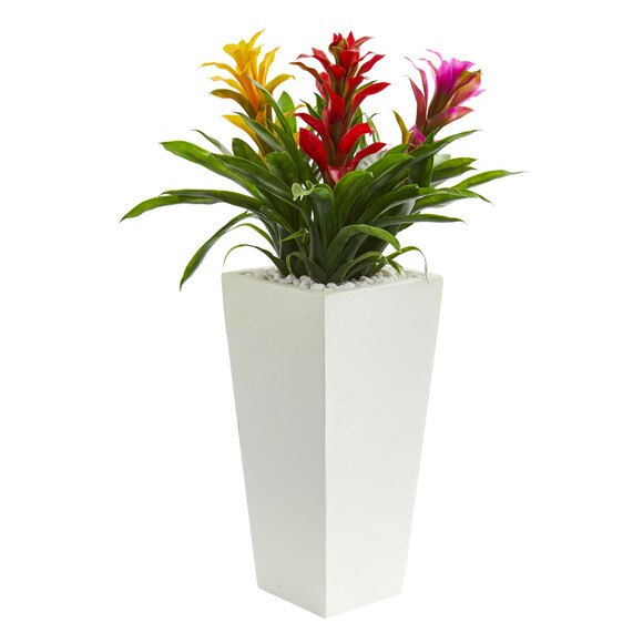 Triple Bromeliad Artificial Plant in White Tower Planter - SKU #6372 - 5