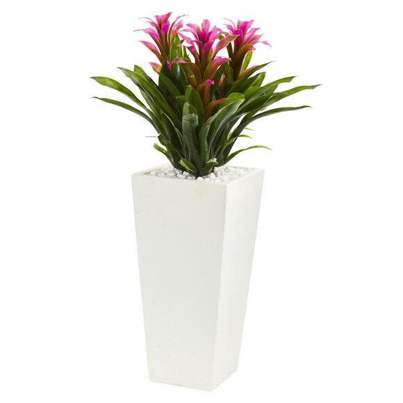 Triple Bromeliad Artificial Plant in White Tower Planter - SKU #6372 - 2