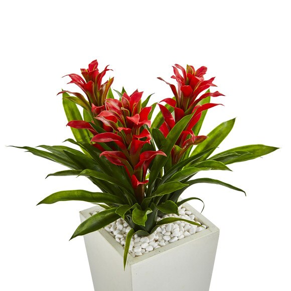 Triple Bromeliad Artificial Plant in White Tower Planter - SKU #6372 - 1