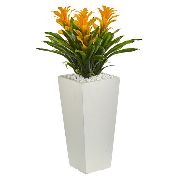 Triple Bromeliad Artificial Plant in White Tower Planter - SKU #6372 - 3