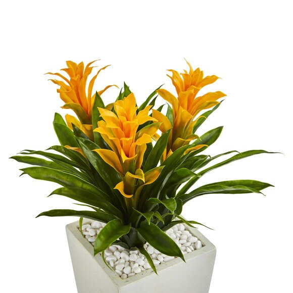 Triple Bromeliad Artificial Plant in White Tower Planter - SKU #6372 - 4