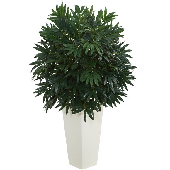 Double Bamboo Palm Artificial Plant in White Tower Vase - SKU #6384