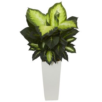 Golden Dieffenbachia Artificial Plant in White Tower Planter - SKU #6389