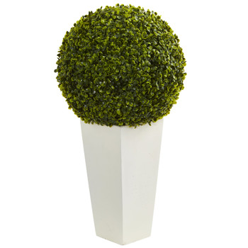 28 Boxwood Topiary Ball Artificial Plant in White Tower Planter Indoor/Outdoor - SKU #6404