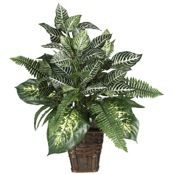 Mixed Greens Zebra w/Wicker Silk Plant - SKU #6528