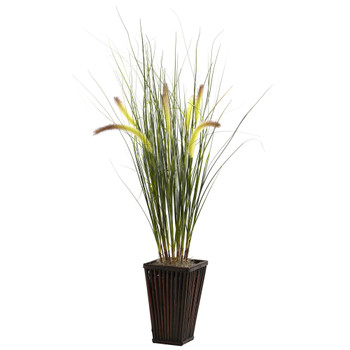 Grass w/Cattails Bamboo Planter - SKU #6745