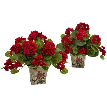 Geranium Flowering Silk Plant with Floral Planter Set of 2 - SKU #6832-S2