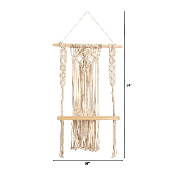24 Boho Chic Wood Macrame Single Shelf Woven Diamond Wall Art Dcor - SKU #7121 - 1