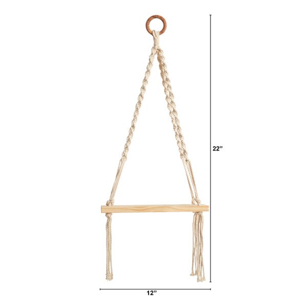 12 x 22 Hand Woven Macrame Wall Hanging with Wooden Shelf - SKU #7123 - 1