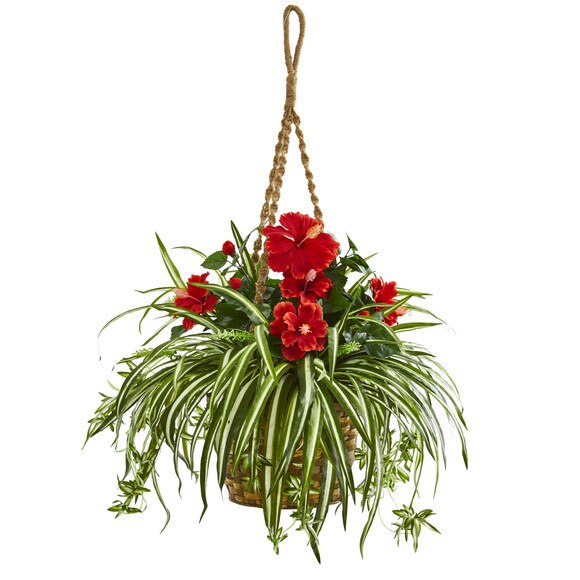 Hibiscus Spider Artificial Plant in Hanging Basket - SKU #8381