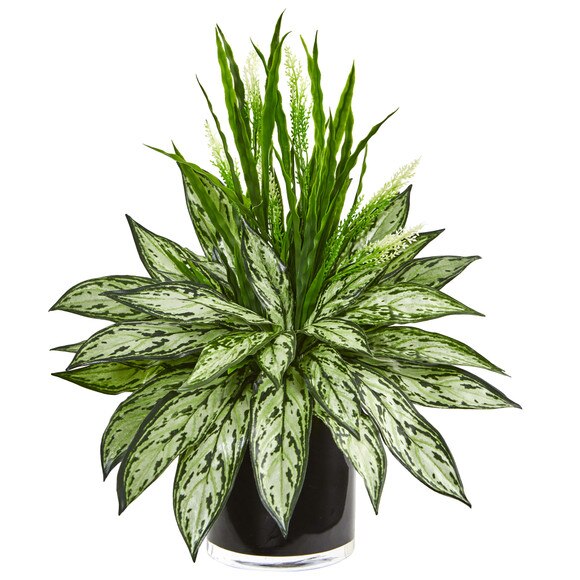Silver Queen and Grass Artificial Plant in Black Vase - SKU #8418